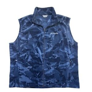 Columbia Mens Sz XL Blue Camo/ Abstract Front Full Zip Sleeveless Fleece Vest
